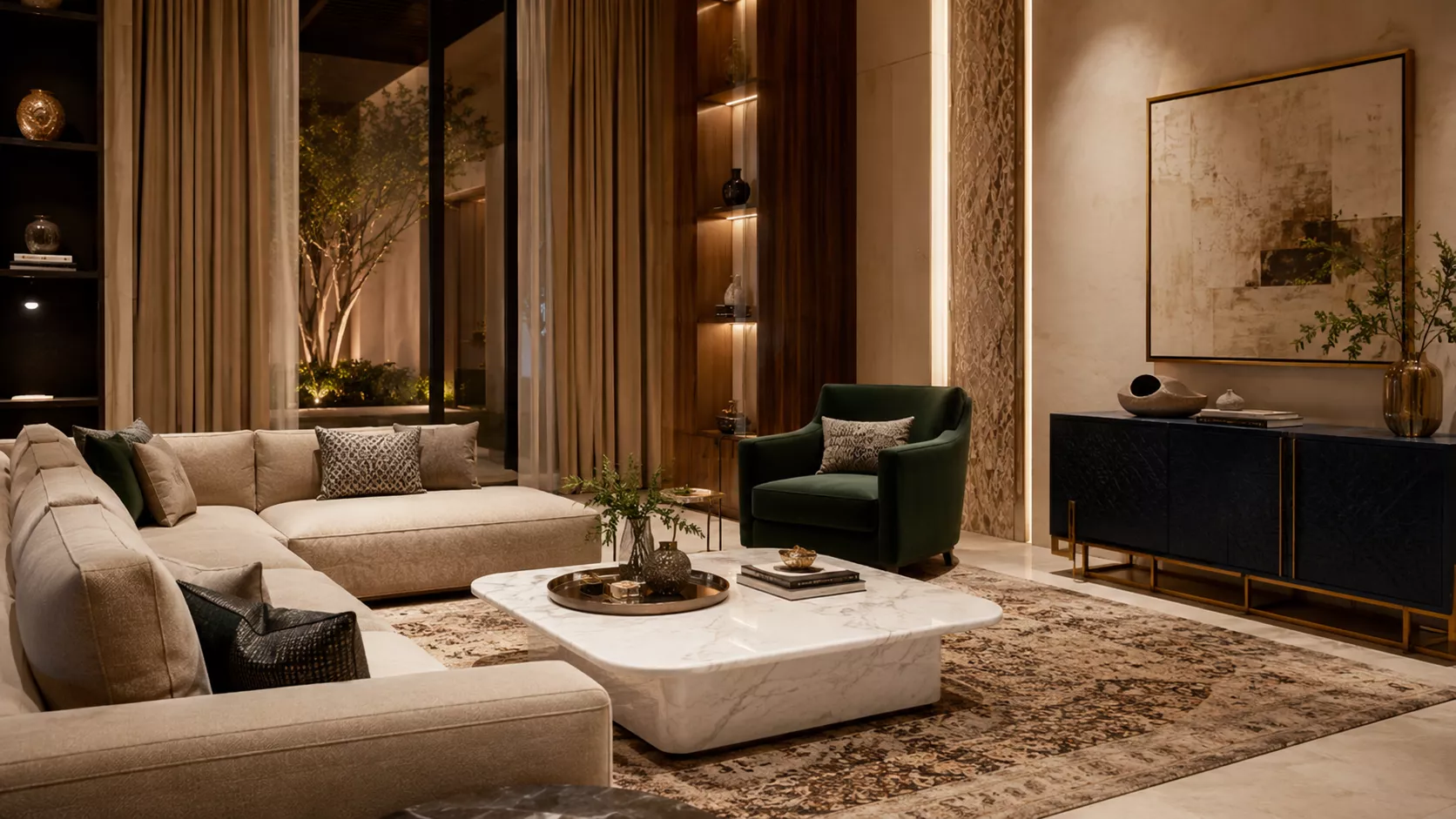 Colors that complement green in a luxurious living room