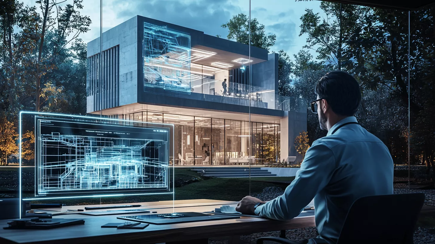 استوديو التصميم المعماري المدعوم بالذكاء الاصطناعي – SMD Group الرياض تصميم واقعي بدقة 8K لمكتب هندسي ذكي تابع لـ SMD Group في الرياض، يظهر فيه مهندس سعودي يستخدم واجهات هولوغرام ثلاثية الأبعاد وتقنيات الذكاء الاصطناعي والواقع الافتراضي في تصميم الفلل الفاخرة، ليعبّر عن تفاعل الإبداع الإنساني مع التكنولوجيا الحديثة في العمارة.