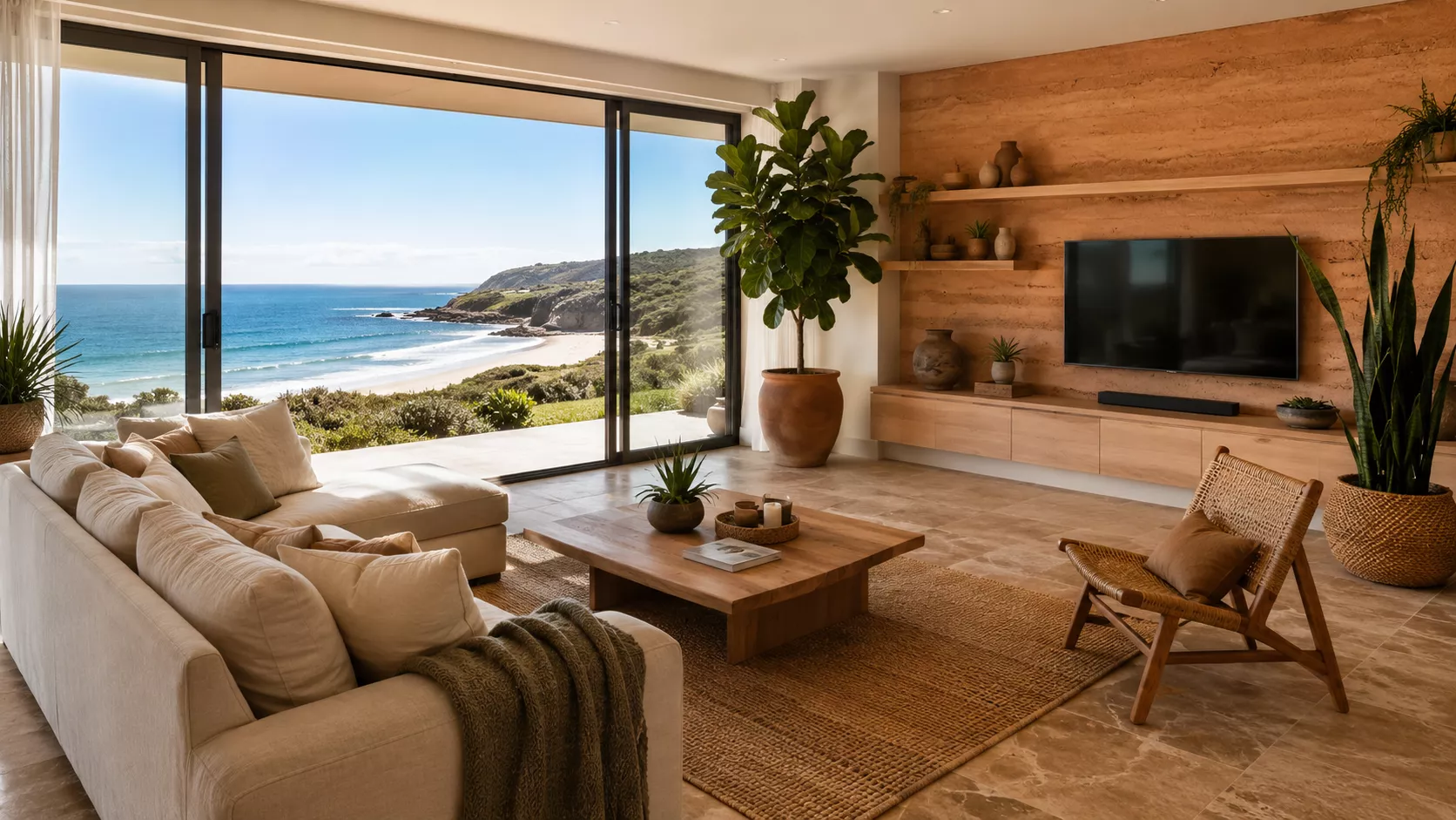A modern Australian coastal lounge with luxurious natural light and materials.