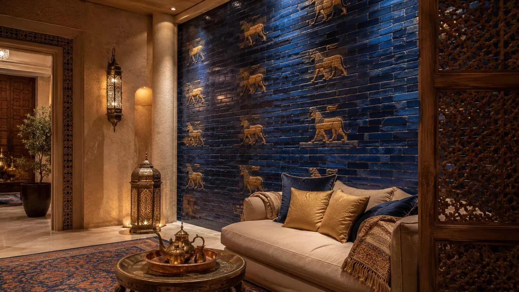 Luxurious Iraqi Mesopotamian style with mashrabiyas and copper
