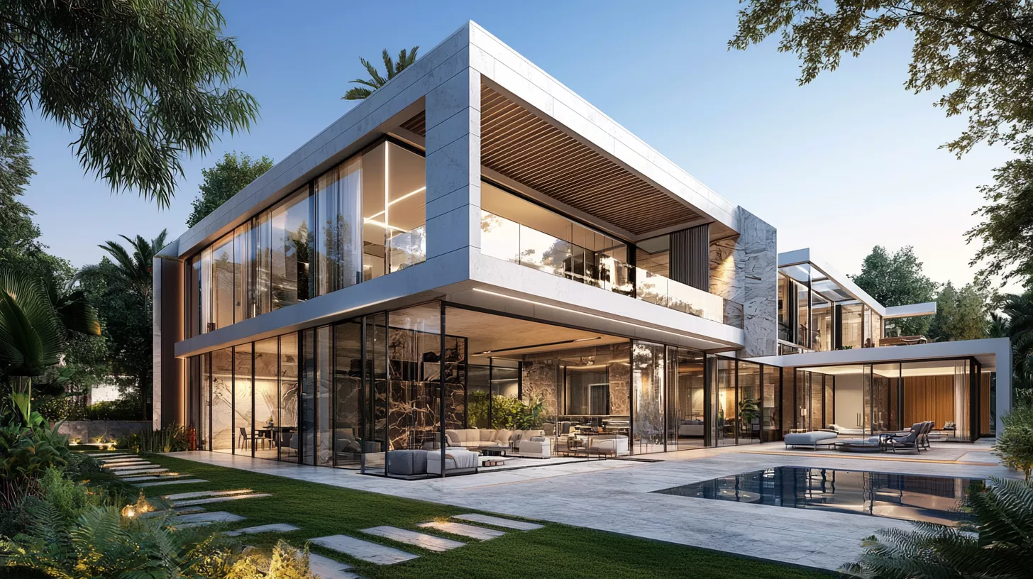 التصميم المعماري الذكي لفيلا فاخرة في الرياض – بأسلوب سعودي تركي حديث من تنفيذ SMD Group تصوير معماري واقعي بدقة 8K لفيلا فاخرة ذكية في الرياض بتصميم سعودي تركي حديث مستوحى من رؤية 2030، تستخدم الحجر الطبيعي والخشب والزجاج الذكي مع إضاءة ذكية وتصميم مستدام يعكس التوازن بين التقنية والطبيعة والفخامة العصرية