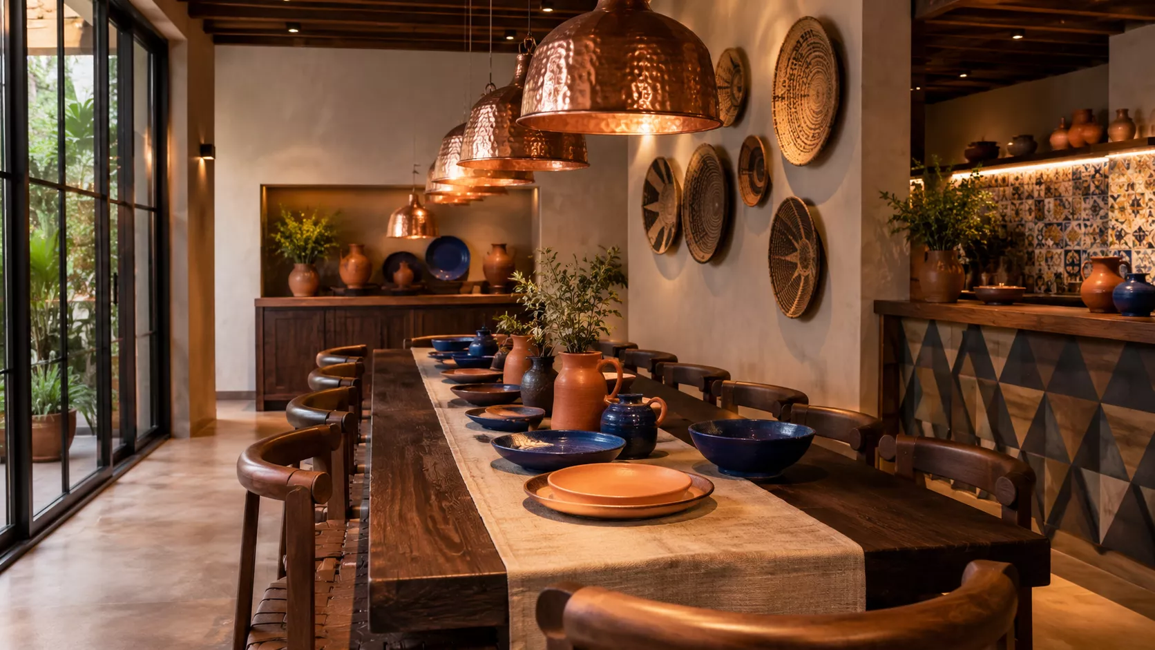 A fine dining room and restaurant with Talavera touches and African baskets