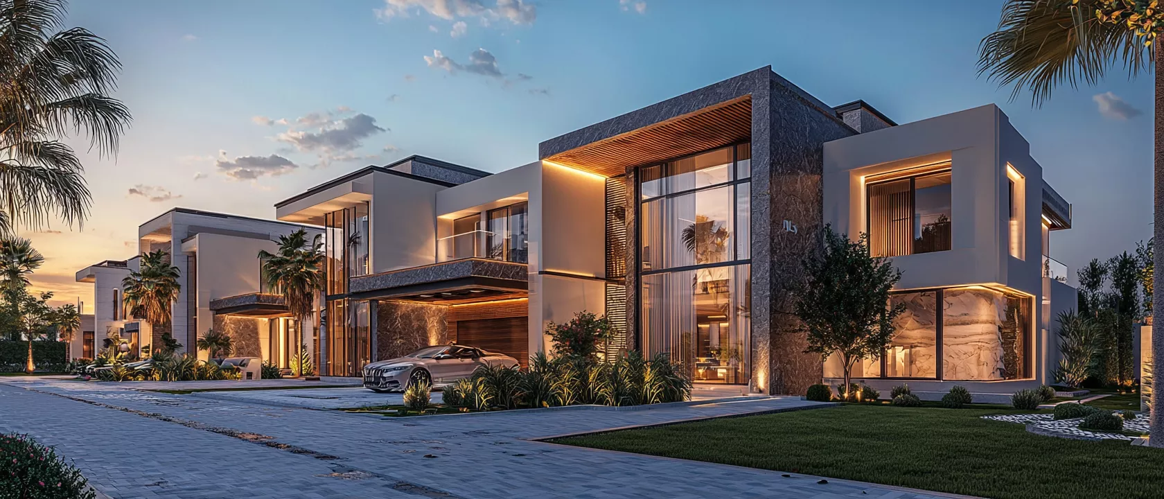 التميّز المحلي في الرياض وجدة – فلل فاخرة ذكية من تصميم SMD Group منظر بانورامي واقعي بدقة 8K لفلل فاخرة ذكية من تصميم SMD Group في أرقى أحياء الرياض وجدة (النخيل، العقيق، حطين، الشاطئ، الروضة، أبحر)، بأسلوب معماري سعودي تركي حديث يجمع بين الحجر الطبيعي والخشب والزجاج والإضاءة الدافئة، في مشهد يعكس التميّز المحلي والهوية السعودية الحديثة.