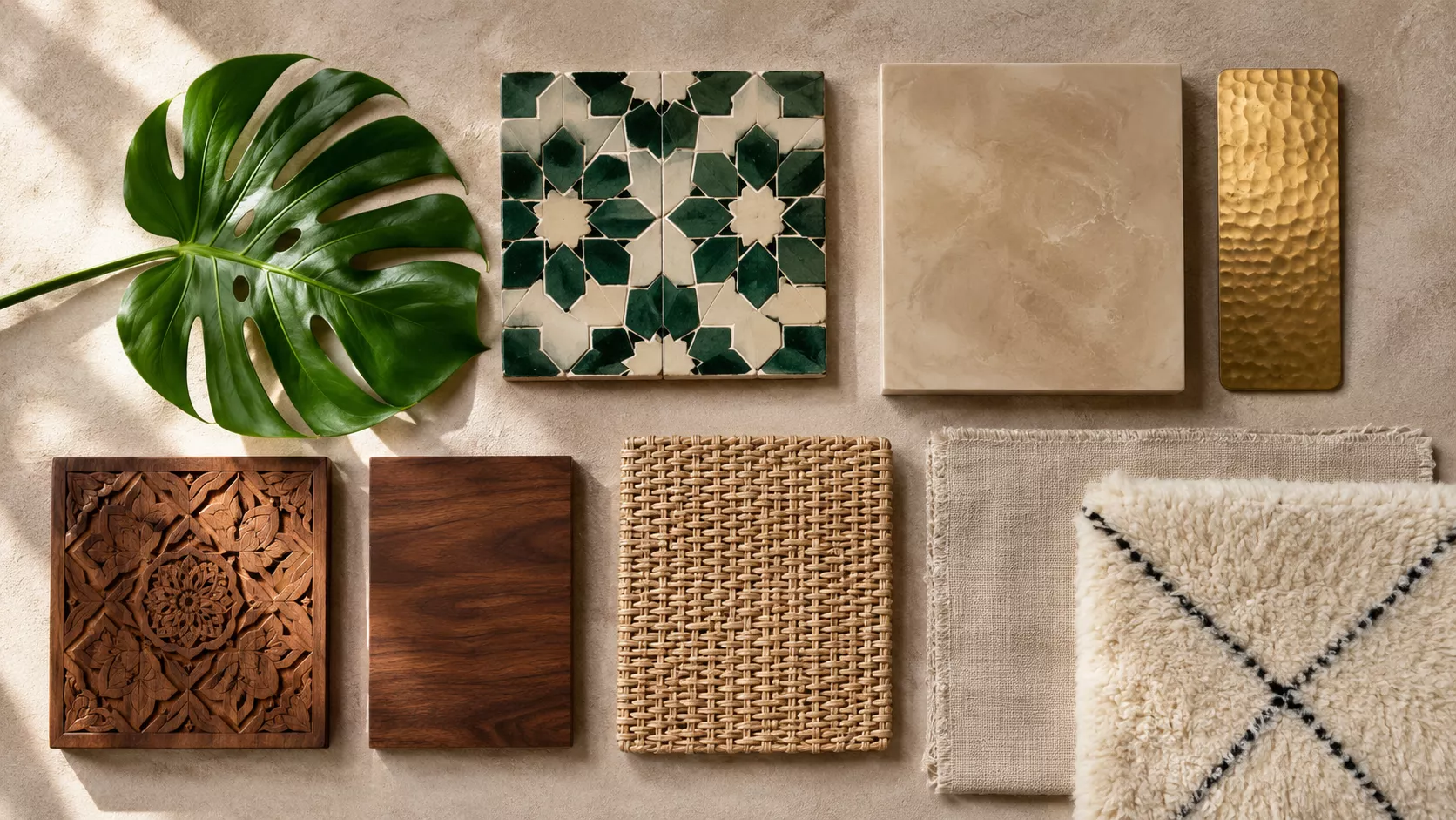 Materials combining zellige, tadelakt, and tropical wood