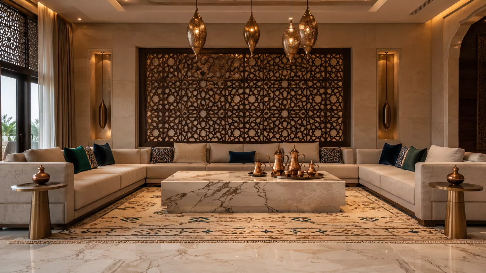 Luxurious contemporary Qatari majlis design featuring marble, mashrabiya, and copper.