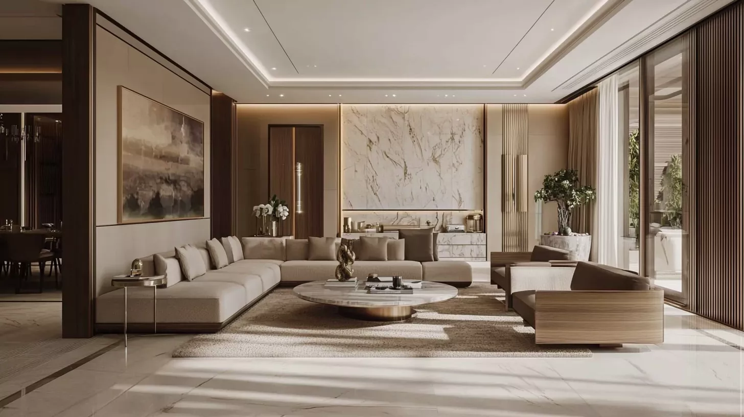 التصميم الداخلي لفيلا فاخرة ذكية في الرياض – بأسلوب سعودي تركي من تنفيذ SMD Group تصميم داخلي فاخر واقعي لفيلا ذكية في الرياض بأسلوب سعودي-تركي حديث، إنارة دافئة ذكية تتفاعل مع المزاج، خامات طبيعية من الرخام والخشب، نوافذ بانورامية، وأثاث أنيق بتصميم بسيط — تصوير واقعي بجودة 8K يجمع بين التقنية والفخامة الكلاسيكية