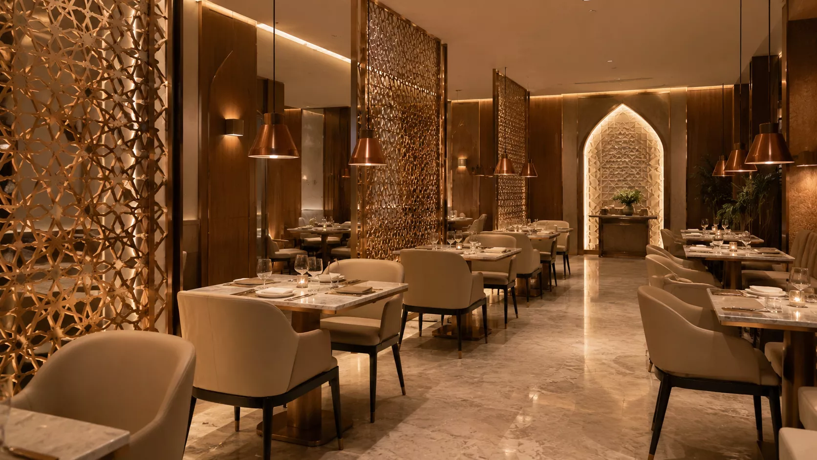 A luxury restaurant design that combines Gulf elegance with Swiss simplicity