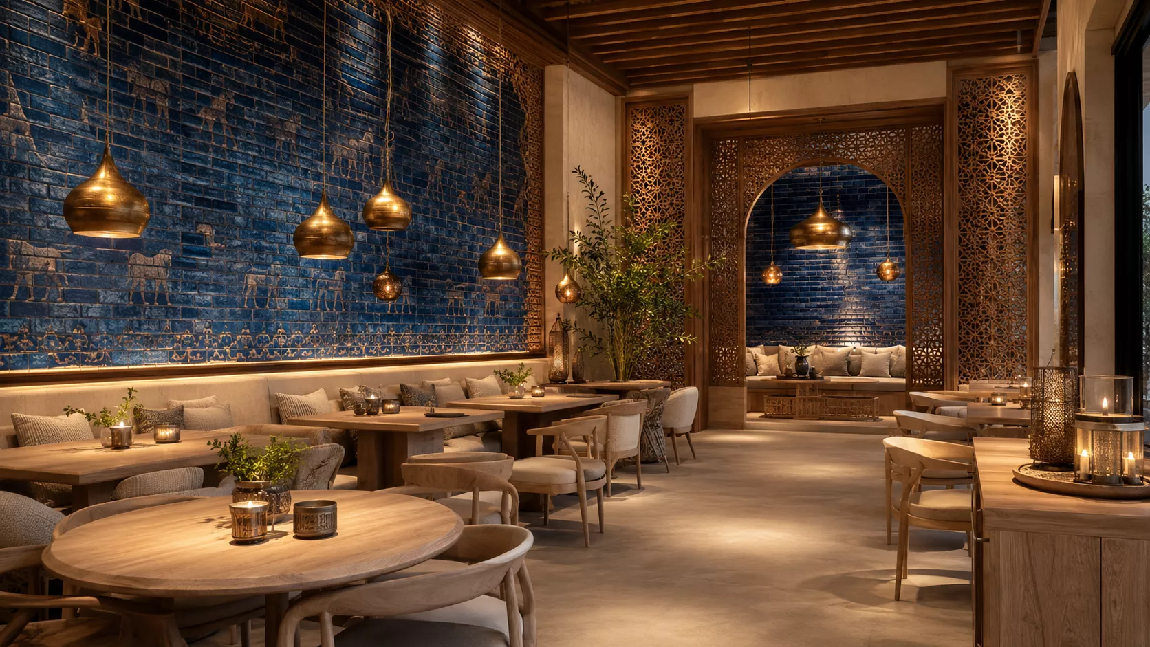 Iraqi-Norwegian restaurant design with warm lapis lazuli bricks