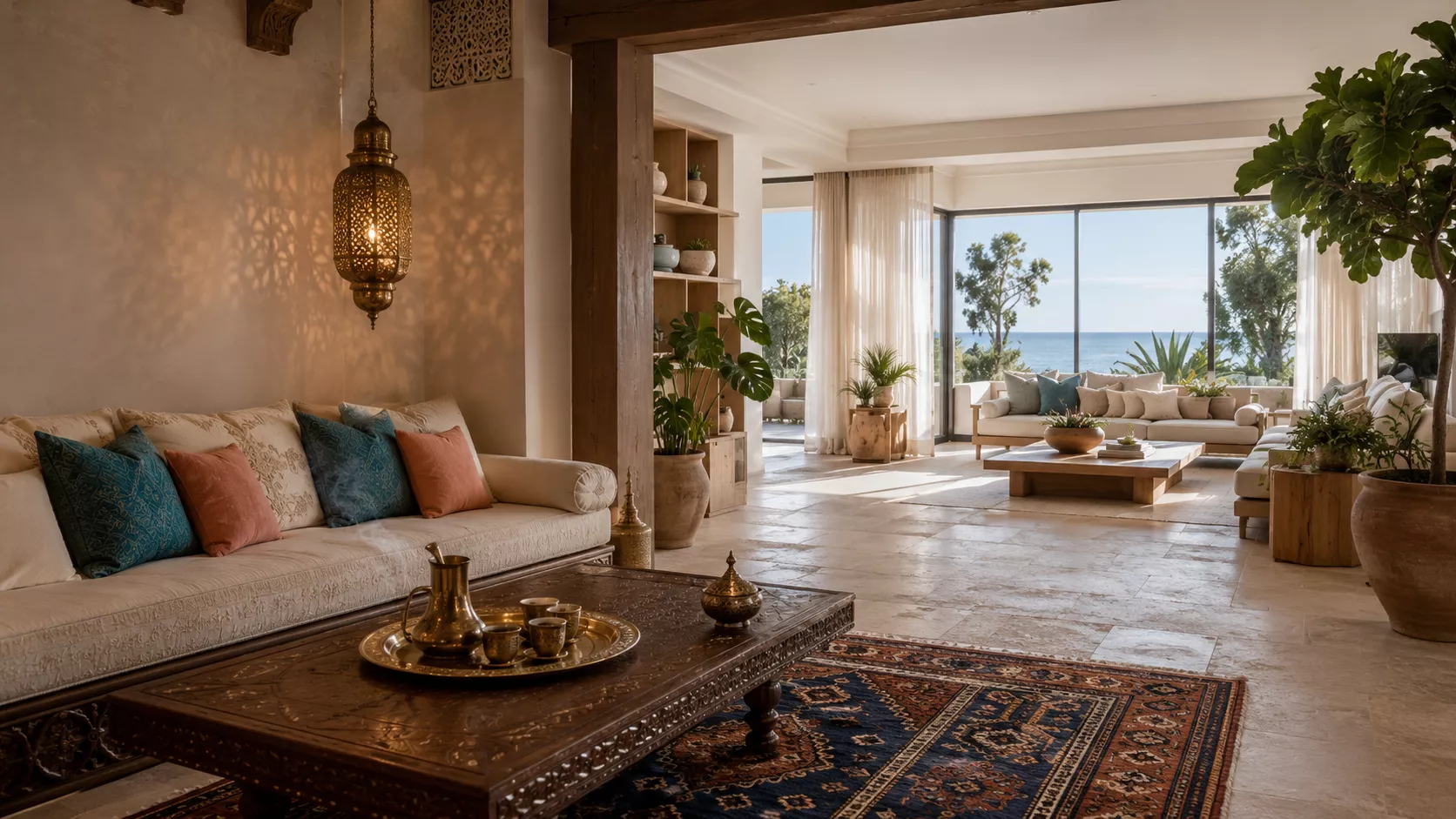 Design of a luxurious reception room and open coastal lounge for a modern villa