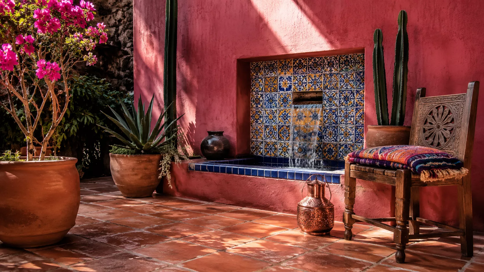 A contemporary Mexican patio with warm Talavera and Terracotta tiles