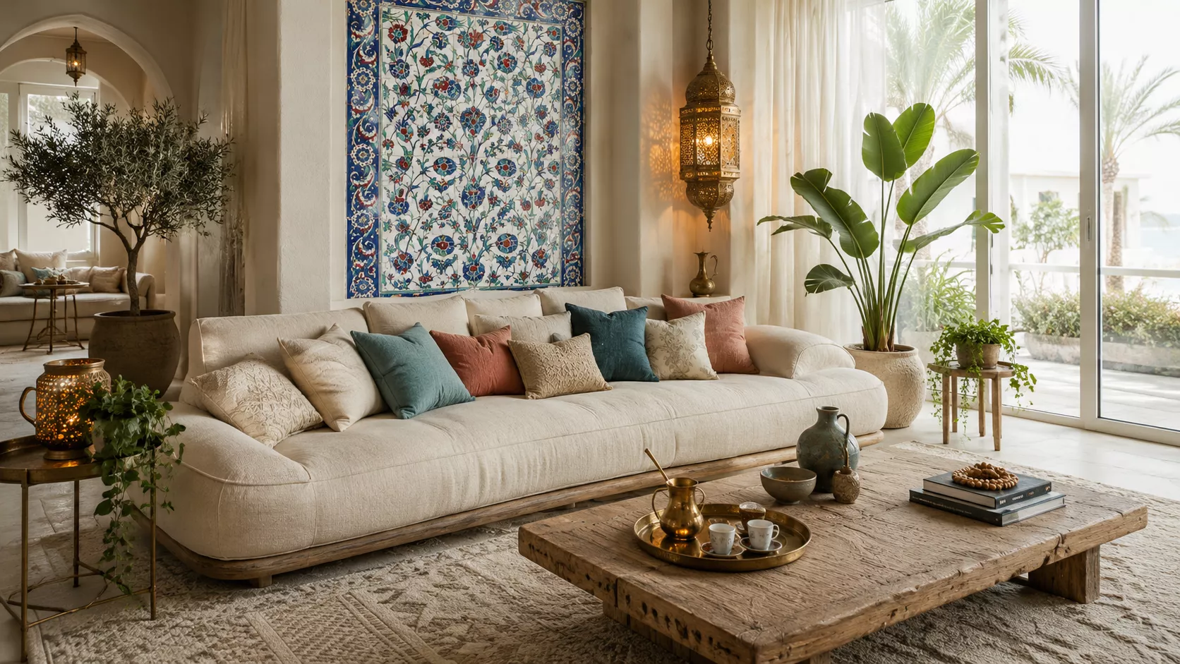 A luxurious Turkish coffee corner inside a bright and very elegant coastal salon