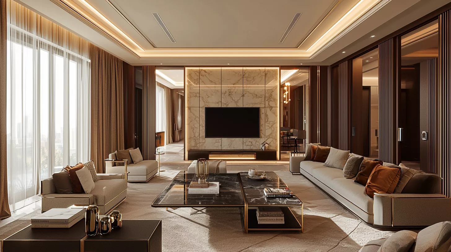 تصميم داخلي فاخر لفيلا ذكية في الرياض – بأسلوب سعودي تركي حديث من تنفيذ SMD Group تصميم داخلي فاخر واقعي بدقة 8K لفيلا ذكية في الرياض بأسلوب سعودي تركي حديث، يجمع بين الرخام الطبيعي والخشب الدافئ، وإنارة خطية ناعمة وسقف جبسي عائم، مع إضاءة ذكية متفاعلة مع المزاج، يخلق توازنًا بين الحداثة والدفء الشرقي في أجواء أنيقة ومريحة