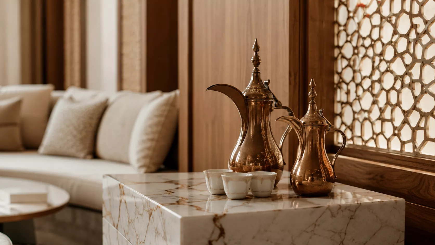 Enjoy a gourmet Arabic coffee experience within a contemporary Qatari-Swiss majlis.