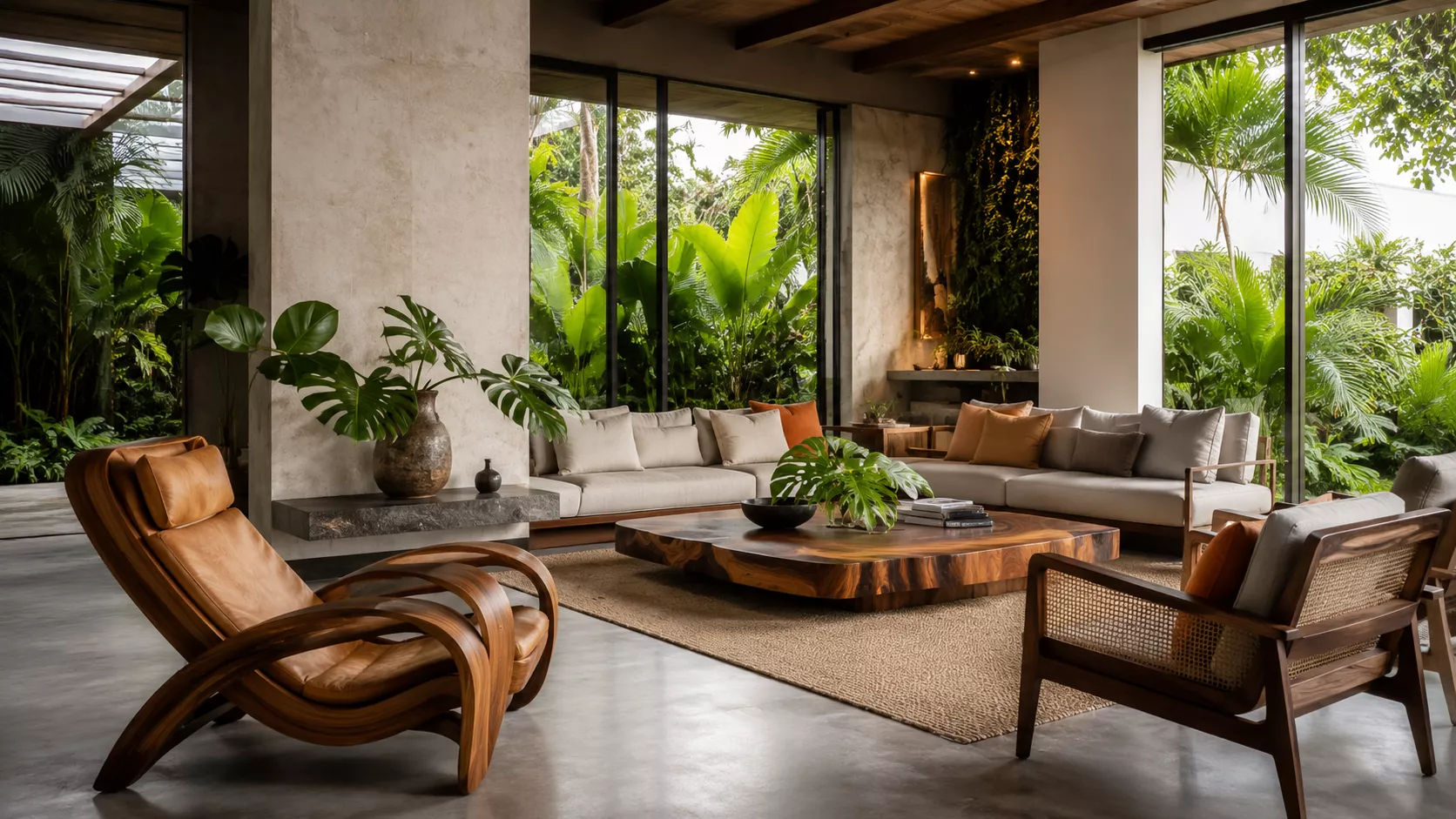 A modern Brazilian lounge with a vibrant design and natural greenery.