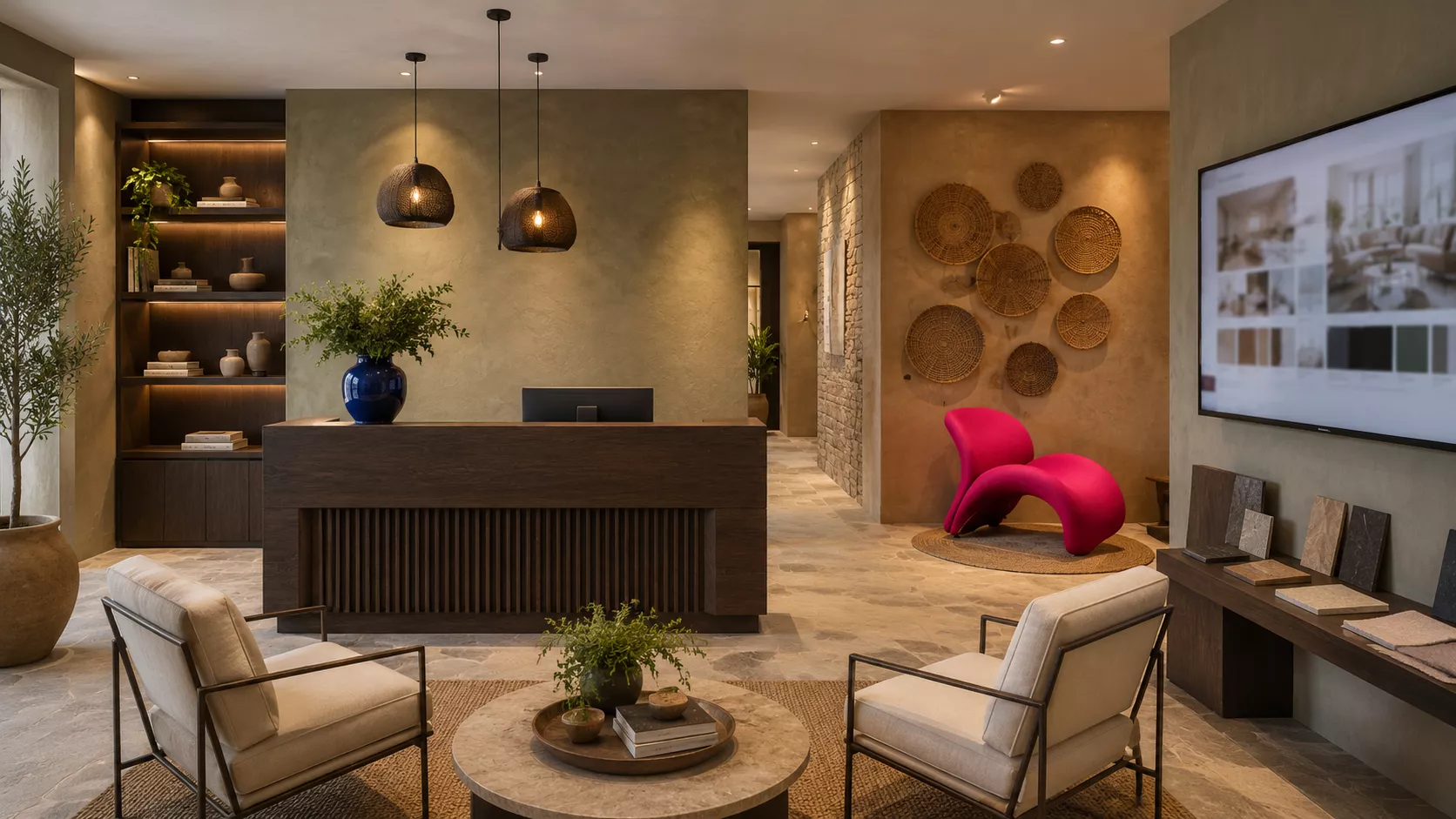 Commercial office design using natural materials and a touch of international color.