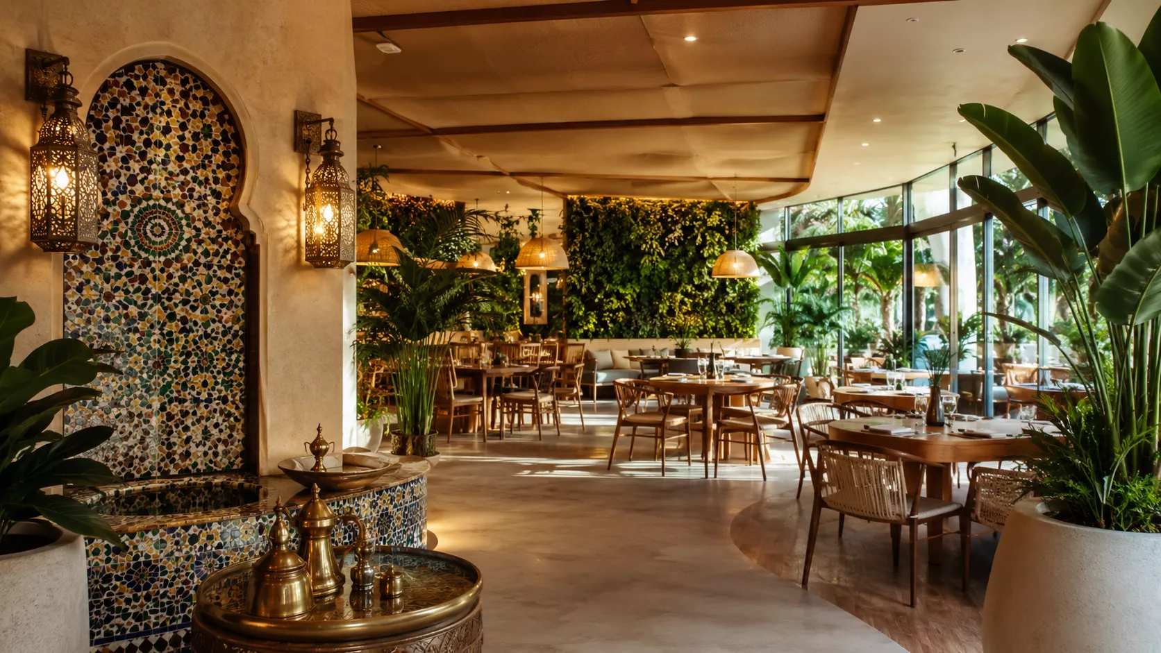 Moroccan-Brazilian restaurant design with greenery and luxurious tiles