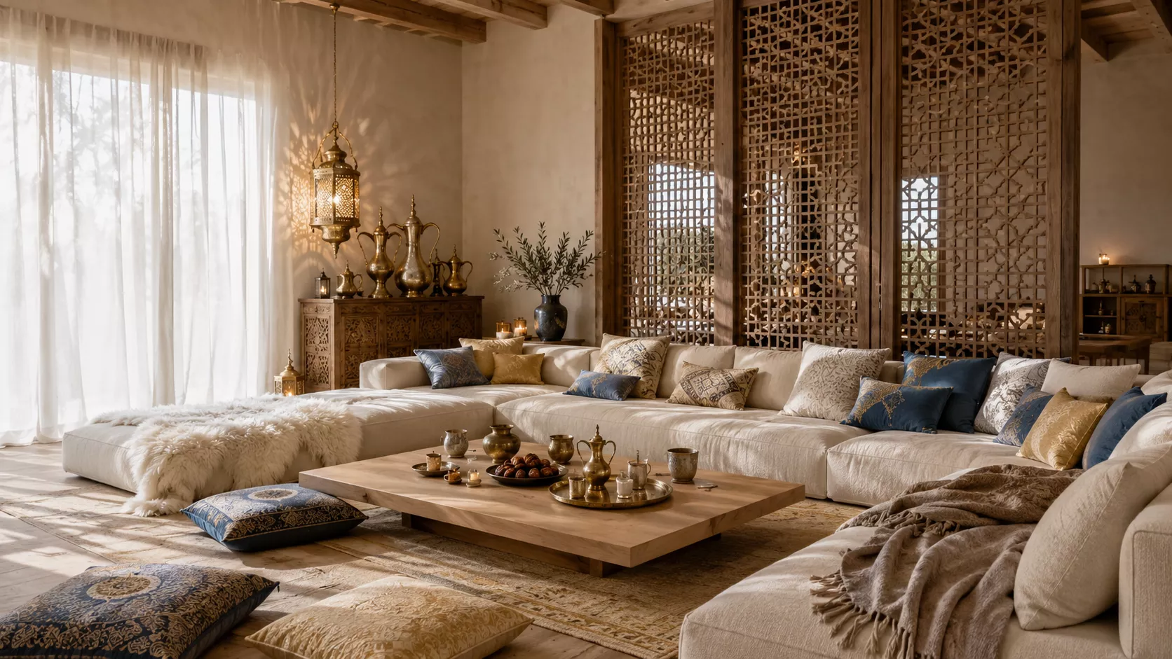 Luxurious Iraqi-Norwegian majlis with a copper coffee corner