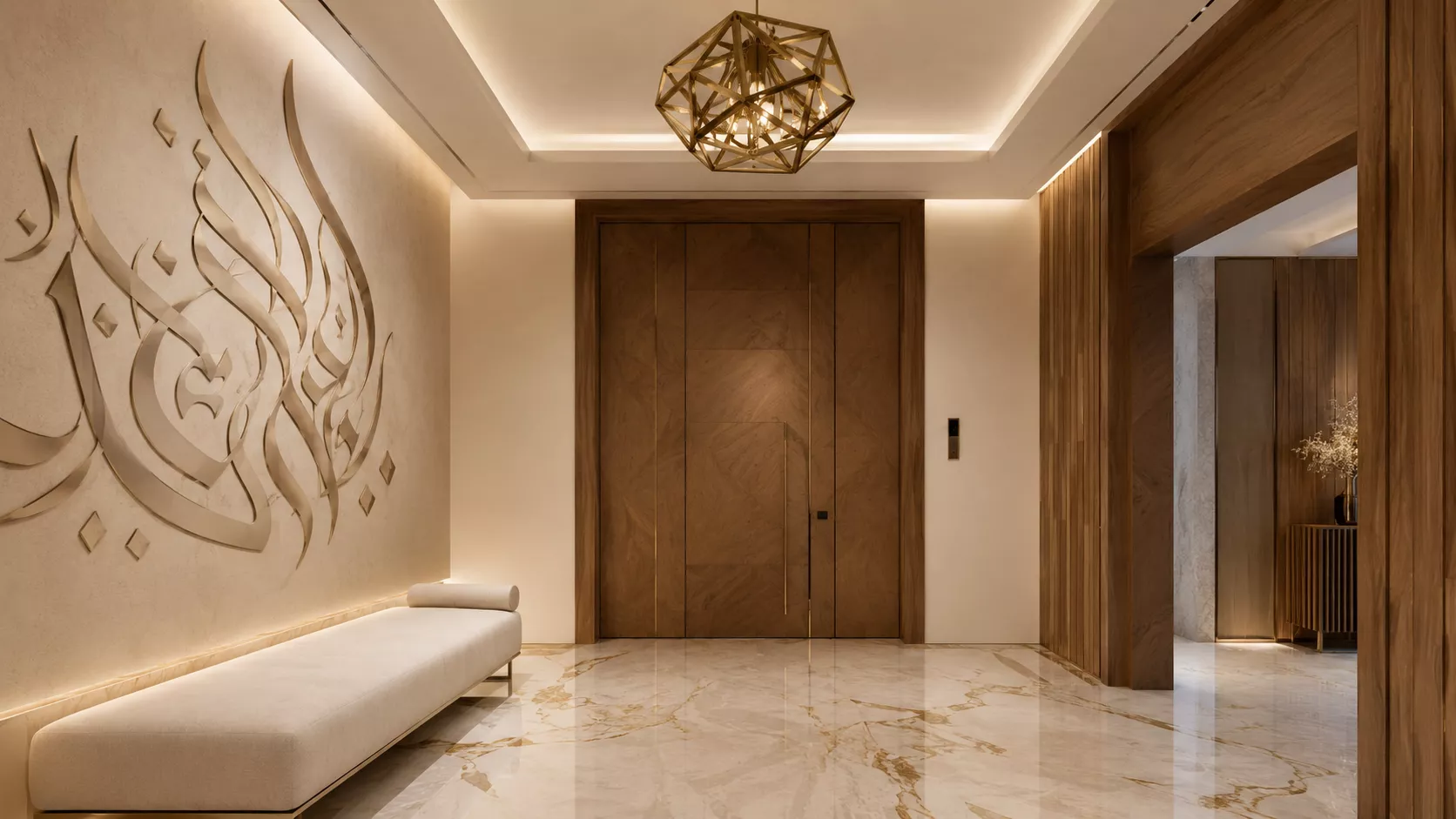 A luxurious villa entrance combining Qatari marble and Swiss warmth